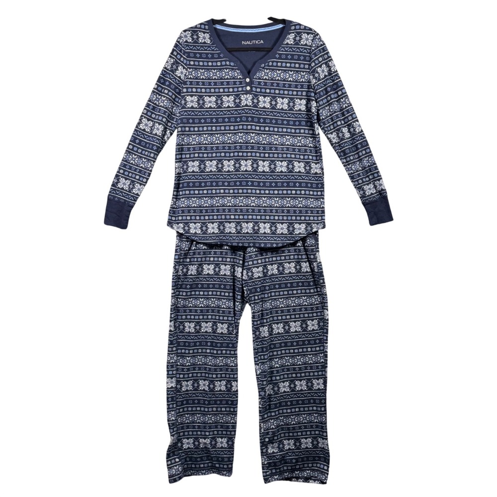 Nautica Pajama Set Navy Fair Isle Snowflake Loungewear Pockets Women Small